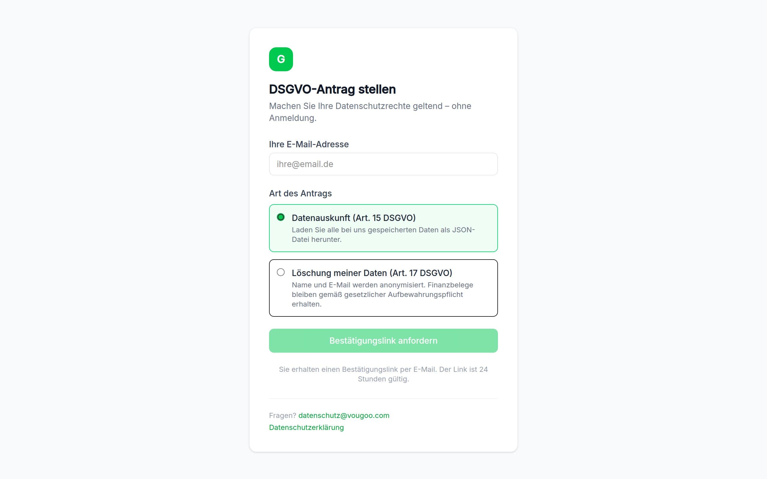Formular für DSGVO-Anträge mit Datenauskunft und Löschung