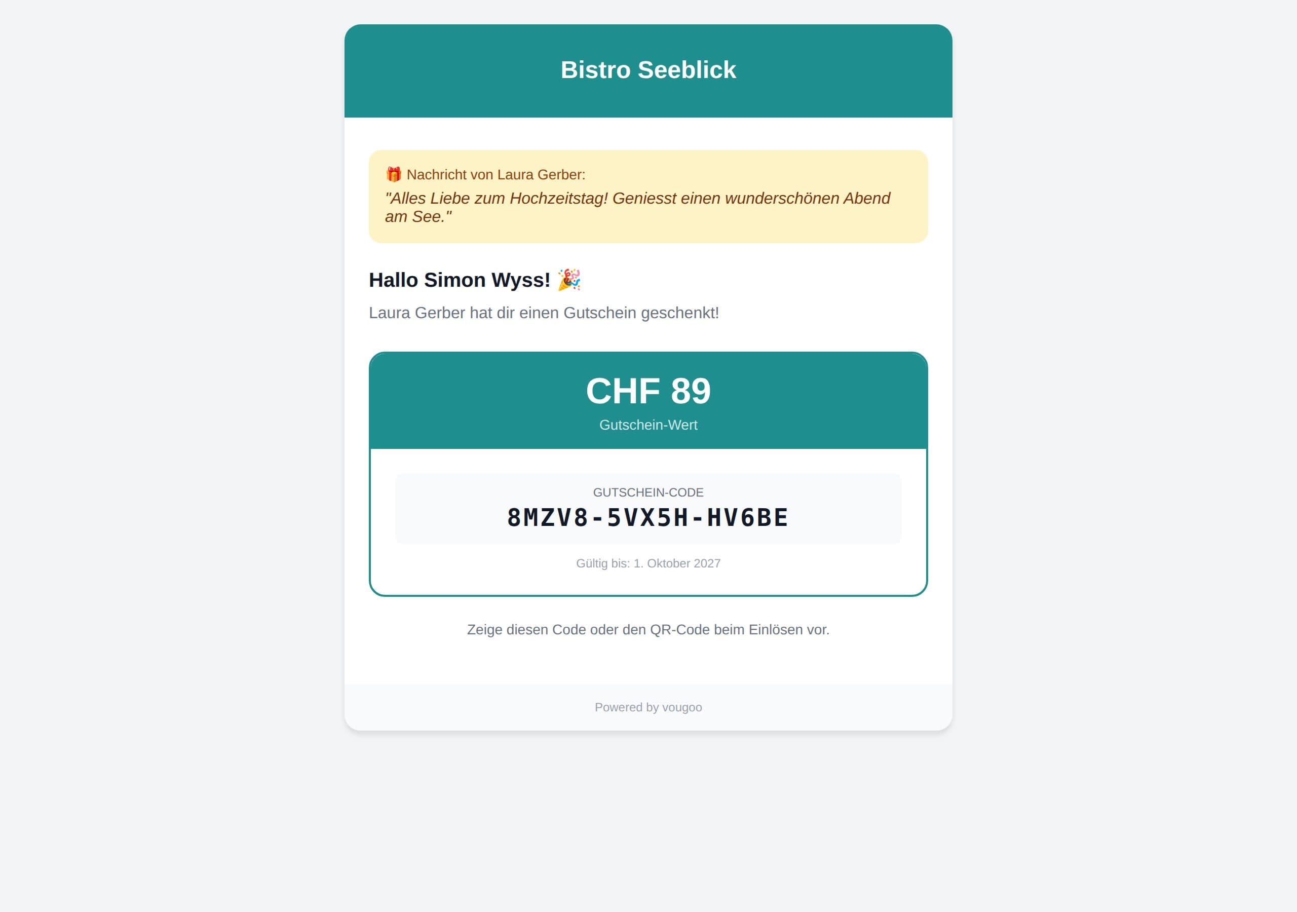Gutschein-E-Mail mit persönlicher Nachricht, Wert und Gutschein-Code