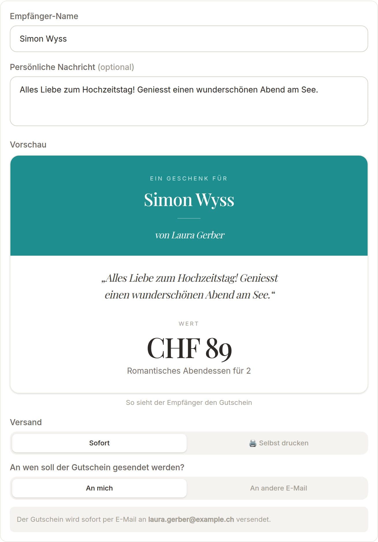 Geschenk-Formular mit Empfänger-Name, persönlicher Nachricht und Live-Vorschau des Gutscheins