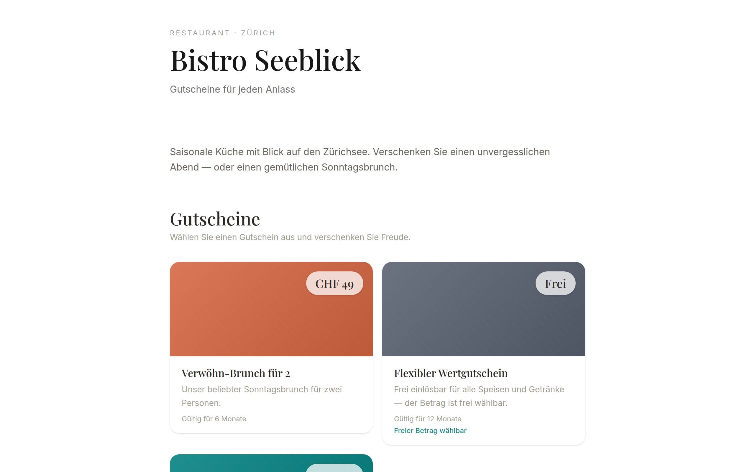 Gutschein-Shop des Bistro Seeblick mit drei Gutscheinen zur Auswahl