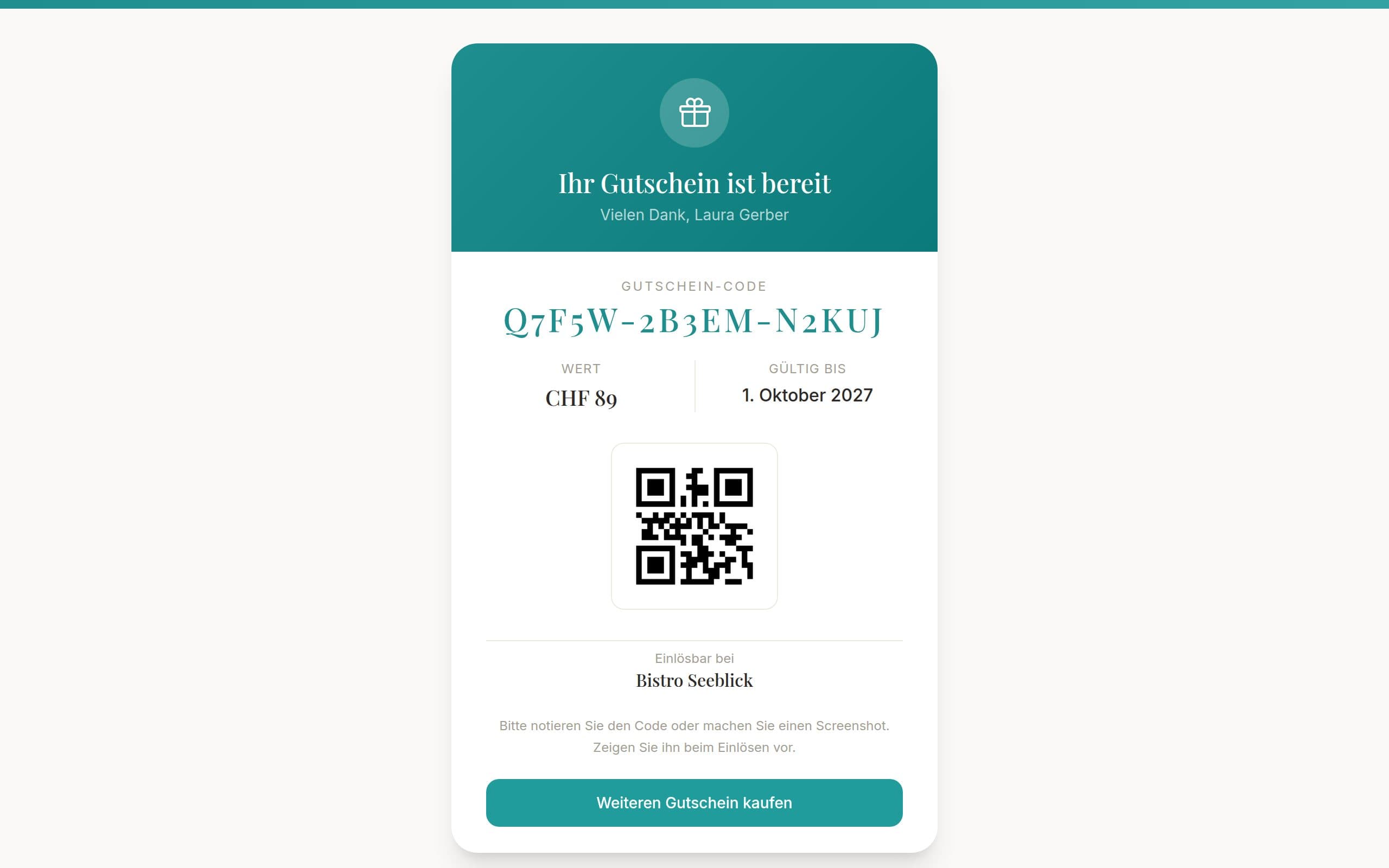 Ausgestellter Gutschein mit Gutschein-Code, Wert, Gültigkeit und QR-Code