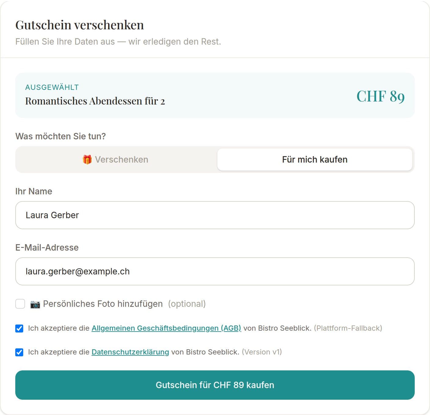 Kaufformular im Gutschein-Shop mit Name, E-Mail und Bestätigung der AGB